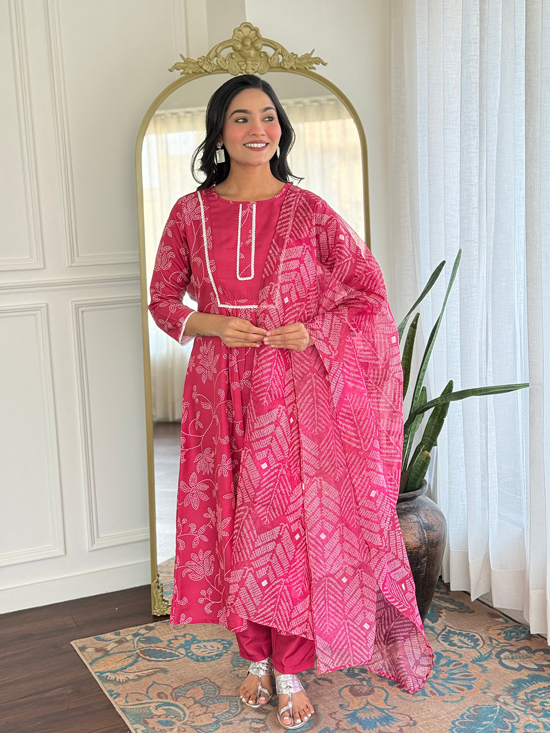 Rani Pink Embroidered Rayon Kurti Pant Dupatta Set for Women