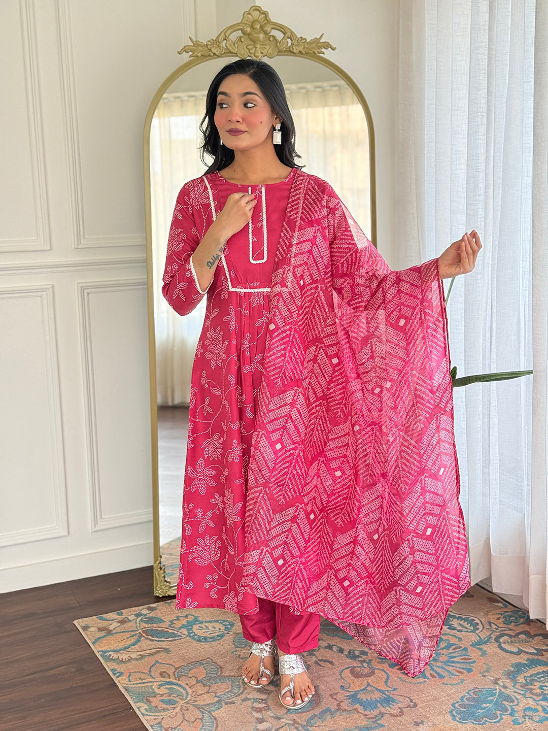 Rani Pink Embroidered Rayon Kurti Pant Dupatta Set for Women