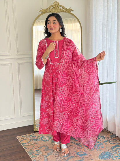 Rani Pink Embroidered Rayon Kurti Pant Dupatta Set for Women