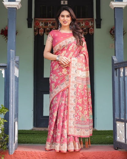 Rani Pink Floral Handloom Saree with Blouse for Women