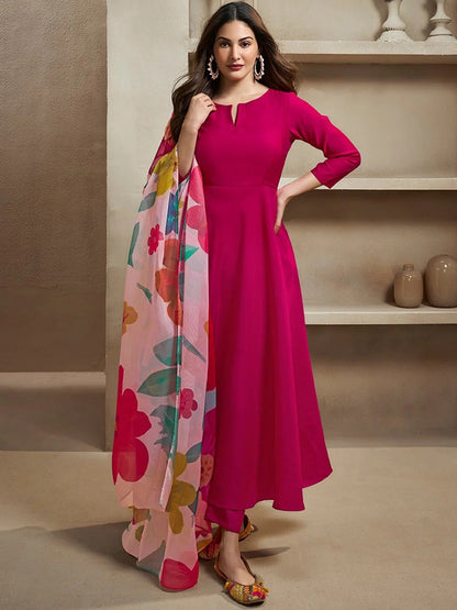 Elegant Rani Pink Ethnic Kurti Set with Organza Dupatta for Women