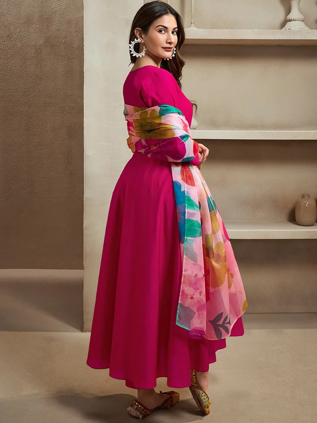 Elegant Rani Pink Ethnic Kurti Set with Organza Dupatta for Women