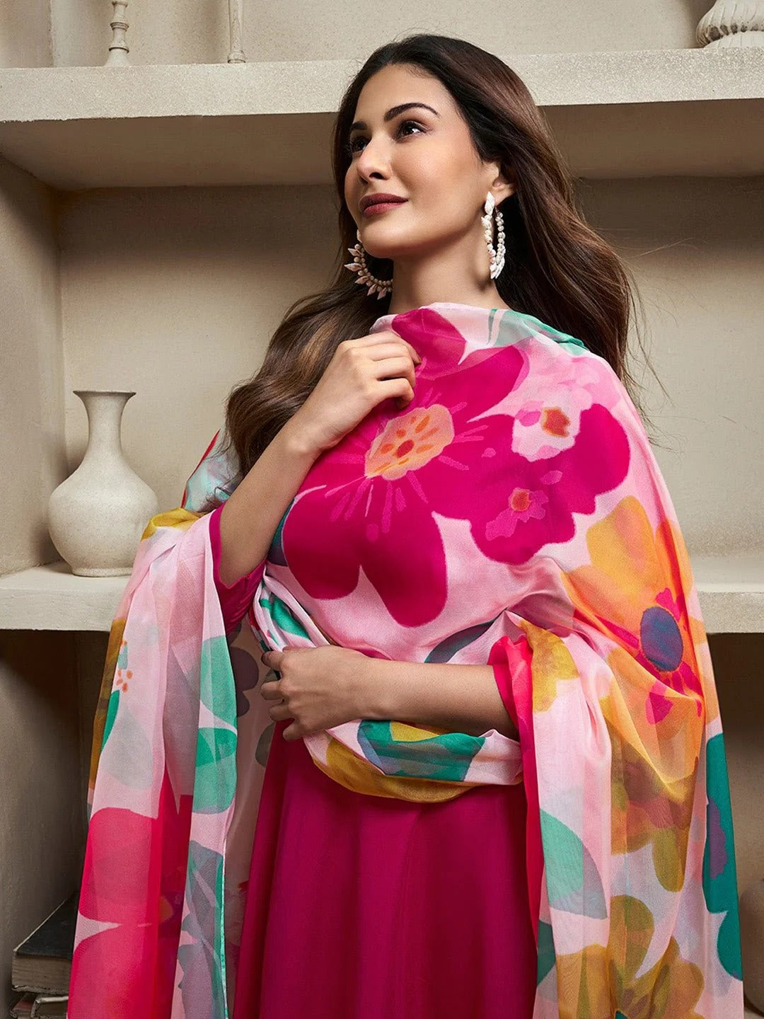 Elegant Rani Pink Ethnic Kurti Set with Organza Dupatta for Women