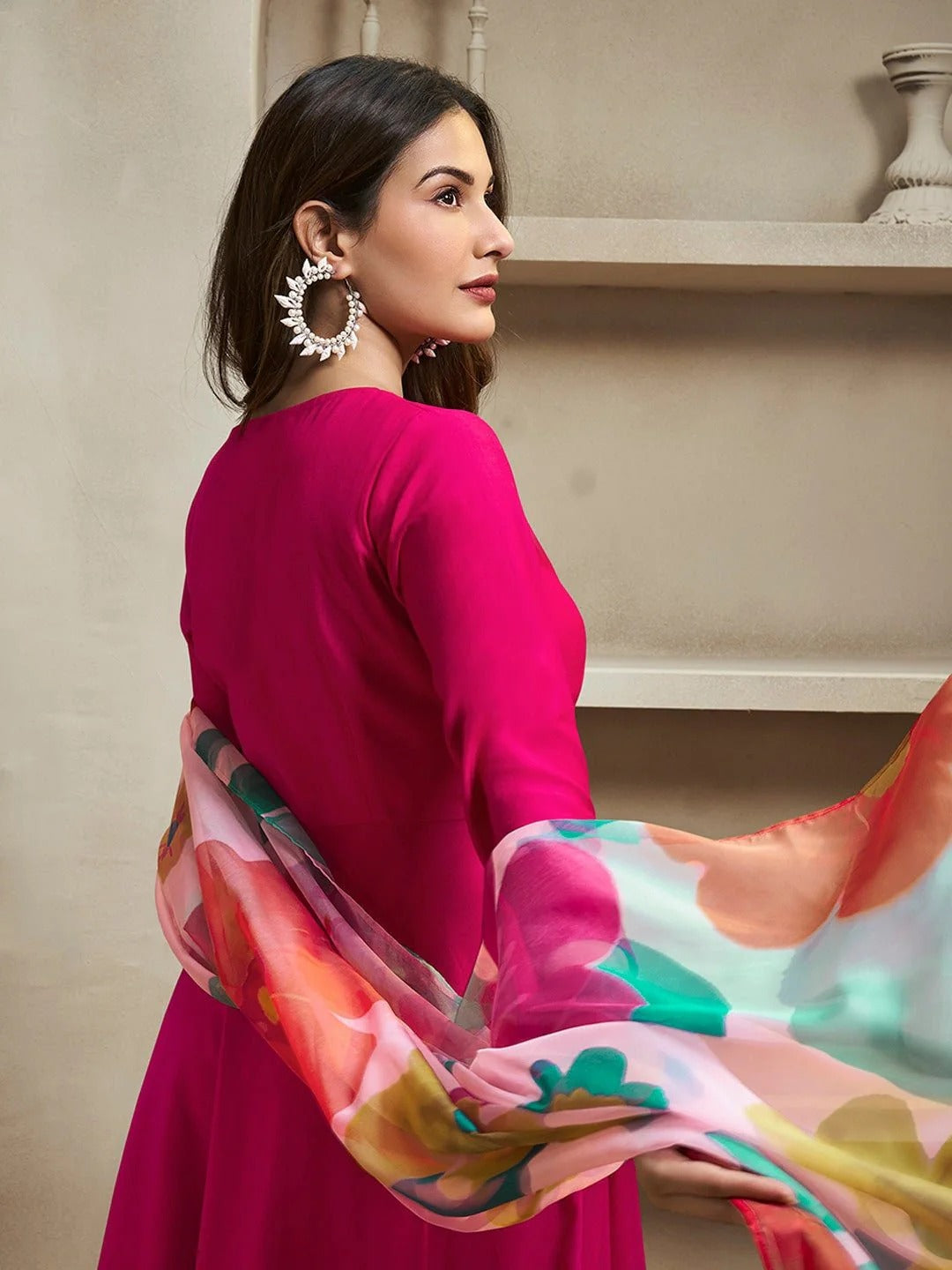 Elegant Rani Pink Ethnic Kurti Set with Organza Dupatta for Women