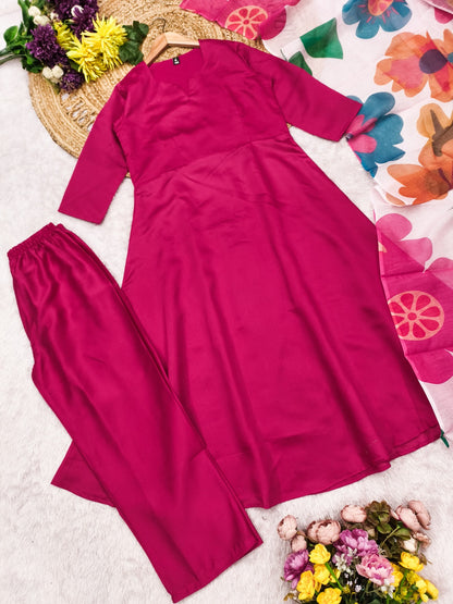 Elegant Rani Pink Ethnic Kurti Set with Organza Dupatta for Women
