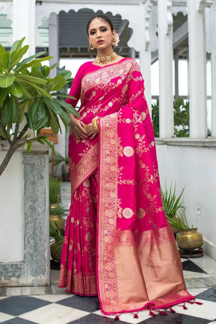 Rani Pink Lichi Silk Saree with Rich Golden Zari Work for Women
