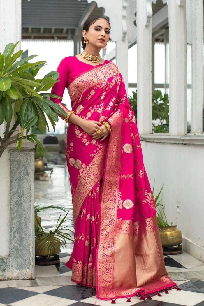 Rani Pink Lichi Silk Saree with Rich Golden Zari Work for Women