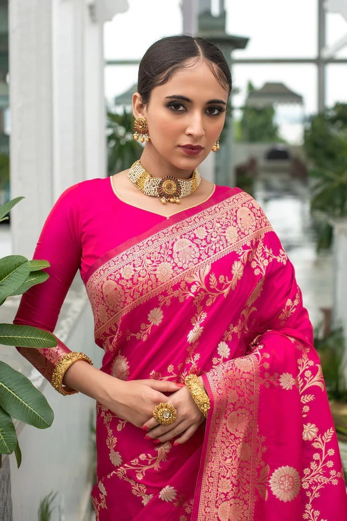 Rani Pink Lichi Silk Saree with Rich Golden Zari Work for Women