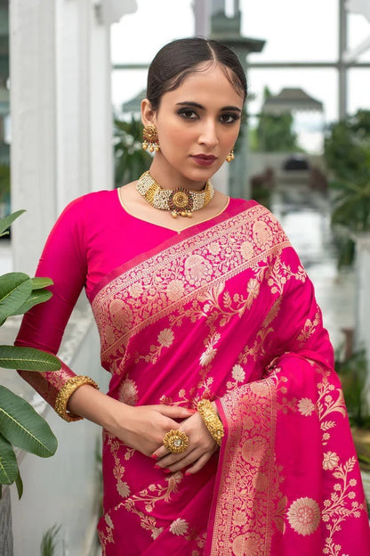 Rani Pink Lichi Silk Saree with Rich Golden Zari Work for Women