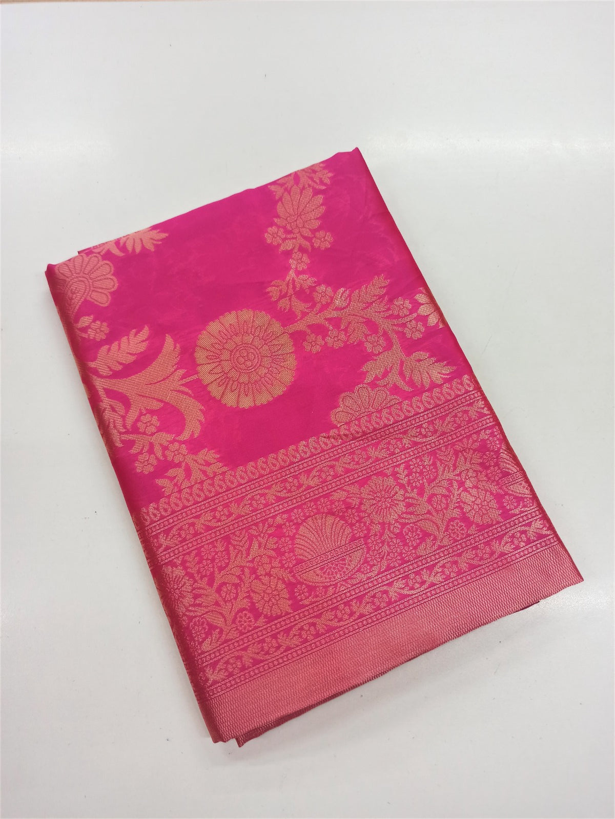 Rani Pink Lichi Silk Saree with Rich Golden Zari Work for Women