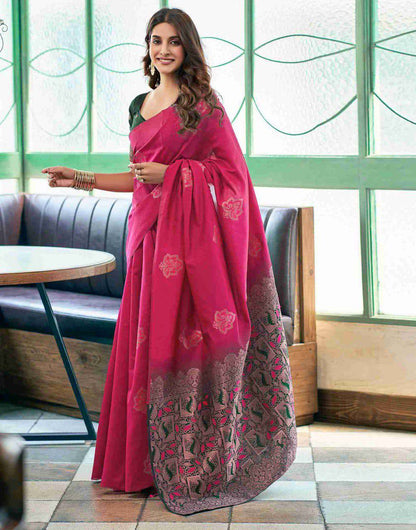 Rani Pink Lichi Silk Saree With Jacquard Border Pallu for Women