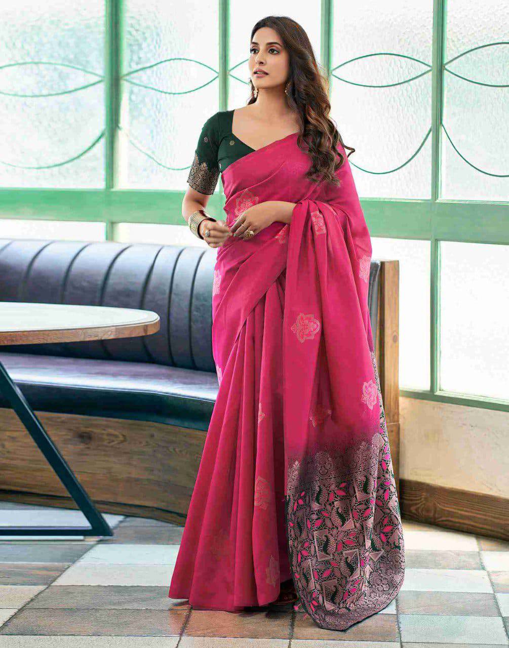 Rani Pink Lichi Silk Saree With Jacquard Border Pallu for Women