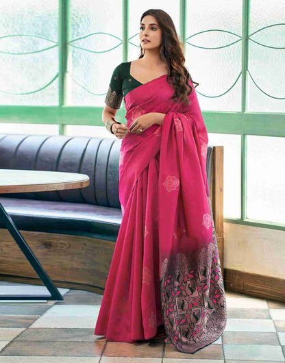 Rani Pink Lichi Silk Saree With Jacquard Border Pallu for Women