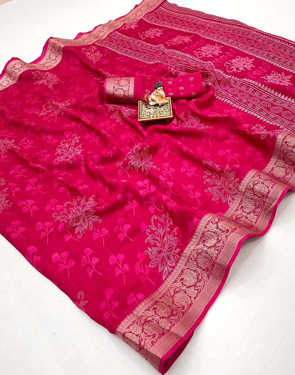 Rani Pink Party Wear Moss Georgette Floral Saree for Women