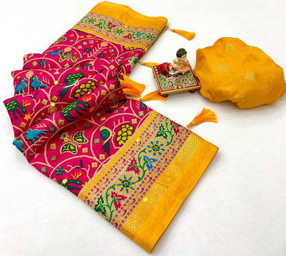 Designer Rani Pink Patola Print Pashmina Silk Festive Saree for Women