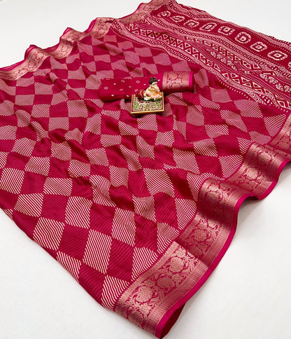 Rani Pink Printed Calcutta Moss Georgette Saree With Zari for Women
