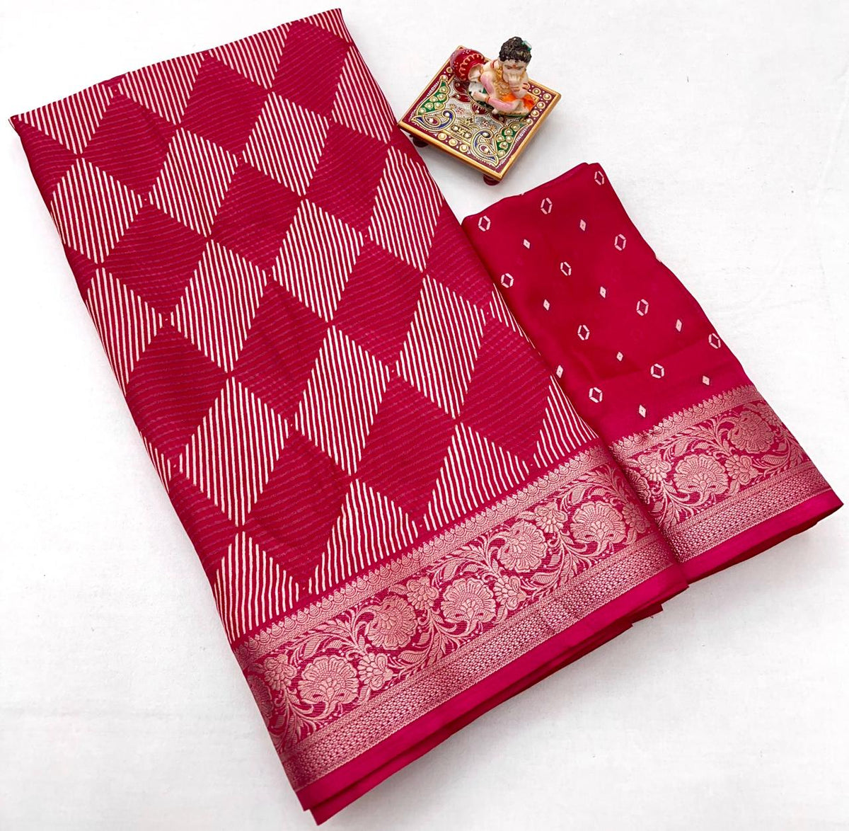 Rani Pink Printed Calcutta Moss Georgette Saree With Zari for Women