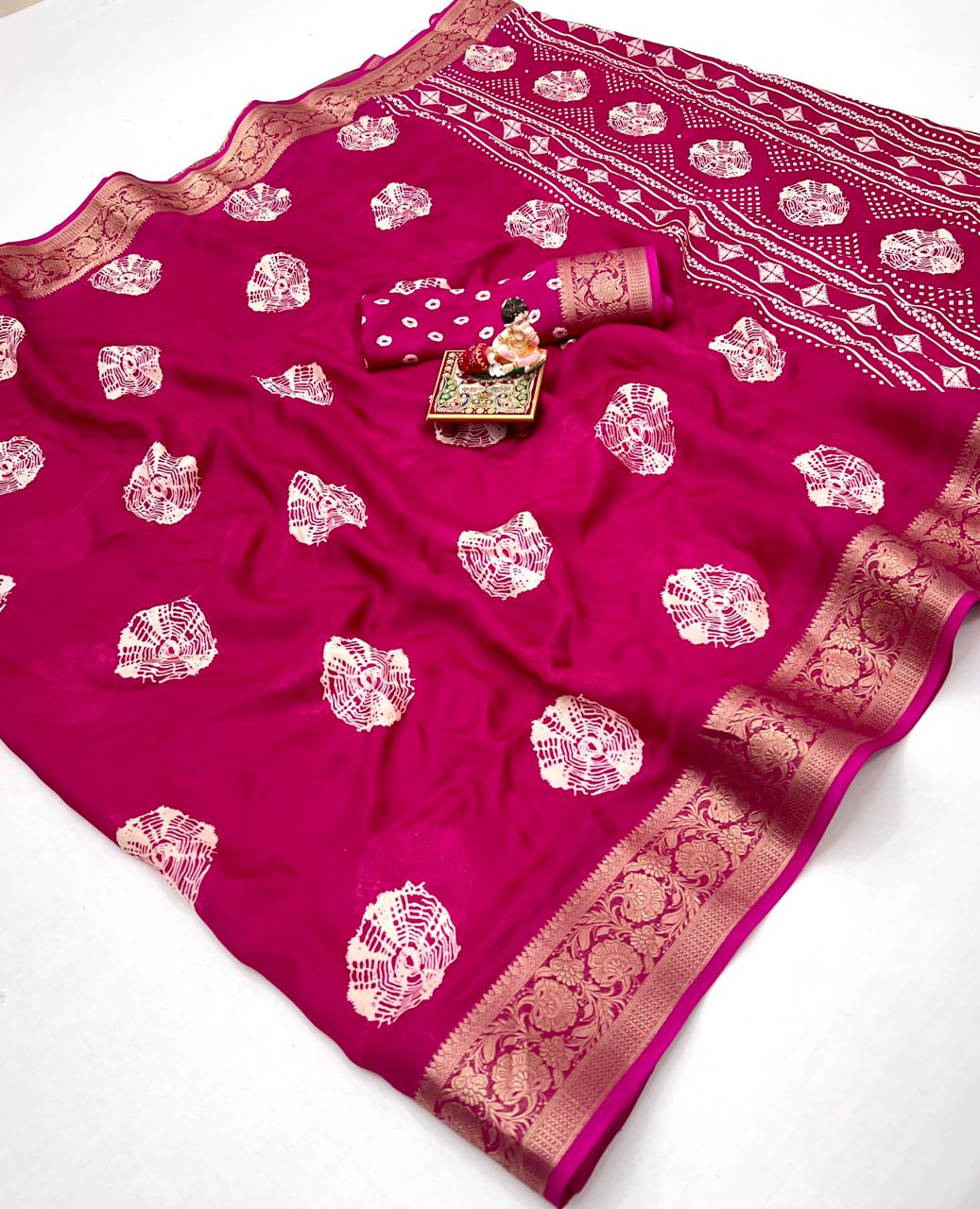 Rani Pink Printed Moss Georgette Saree With Zari Border for Women