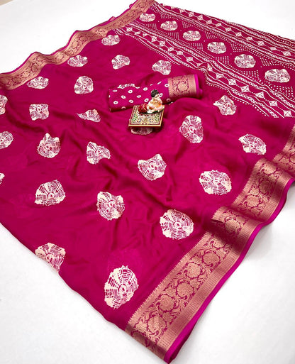 Rani Pink Printed Moss Georgette Saree With Zari Border for Women