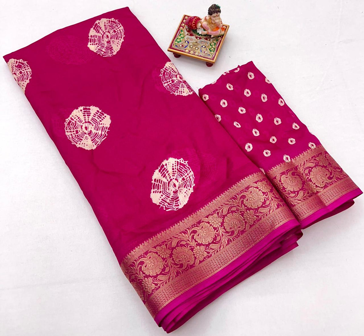 Rani Pink Printed Moss Georgette Saree With Zari Border for Women