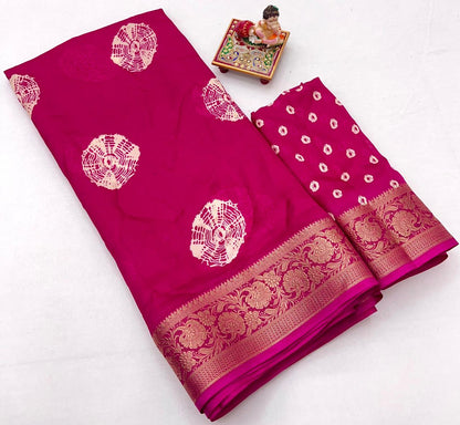 Rani Pink Printed Moss Georgette Saree With Zari Border for Women