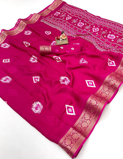 Rani Pink Moss Georgette Saree with Zari Border for Women