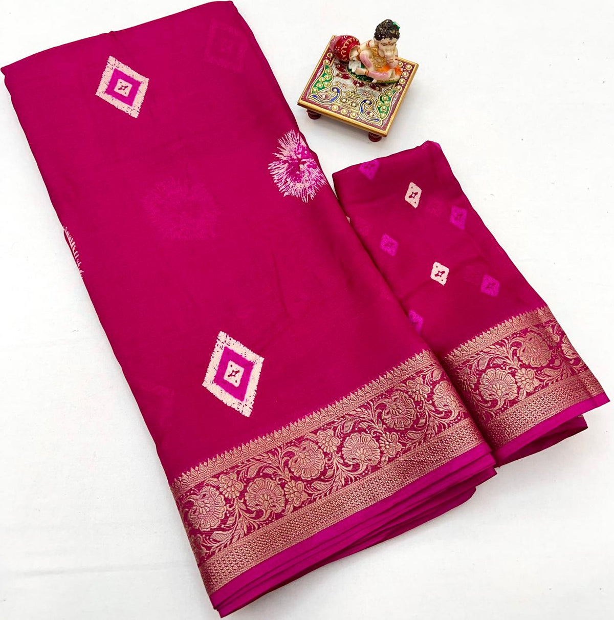 Rani Pink Moss Georgette Saree with Zari Border for Women