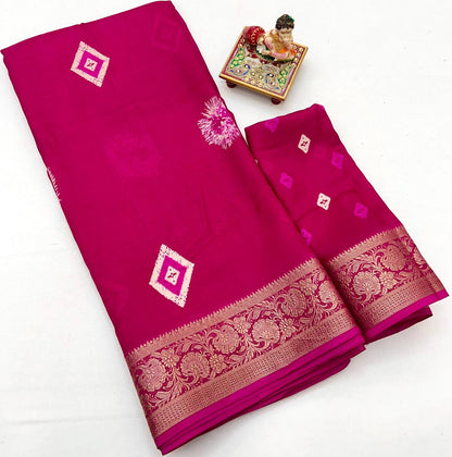 Rani Pink Moss Georgette Saree with Zari Border for Women