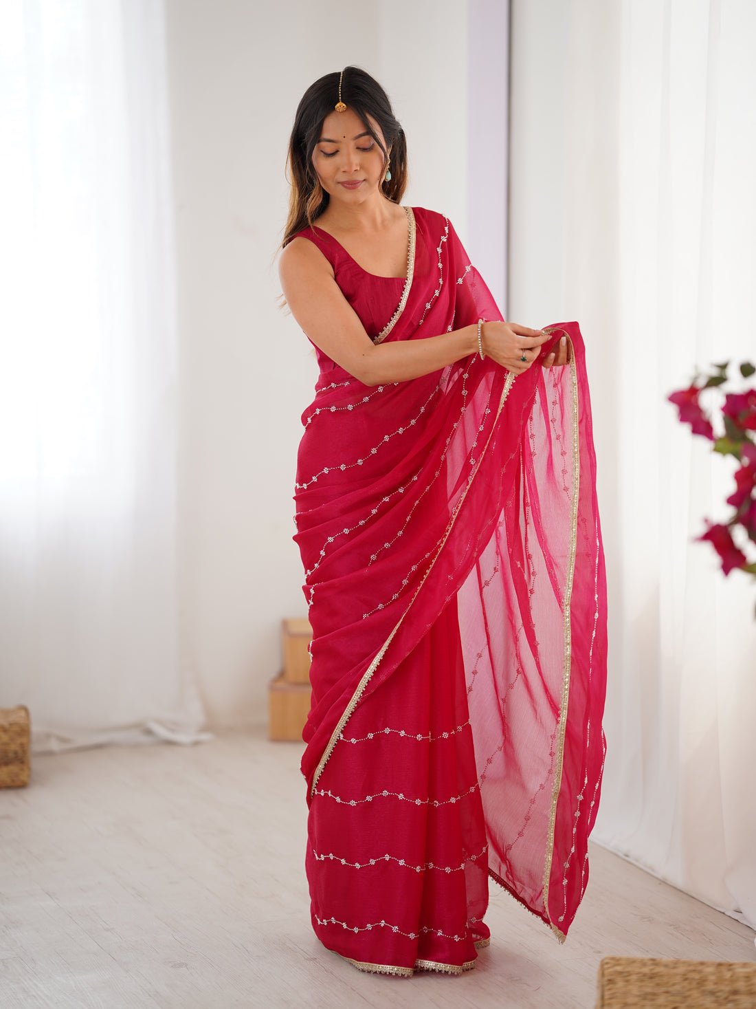 Rani Pink Heavy Smooth Sitara Saree with Sequin Embroidery for Women