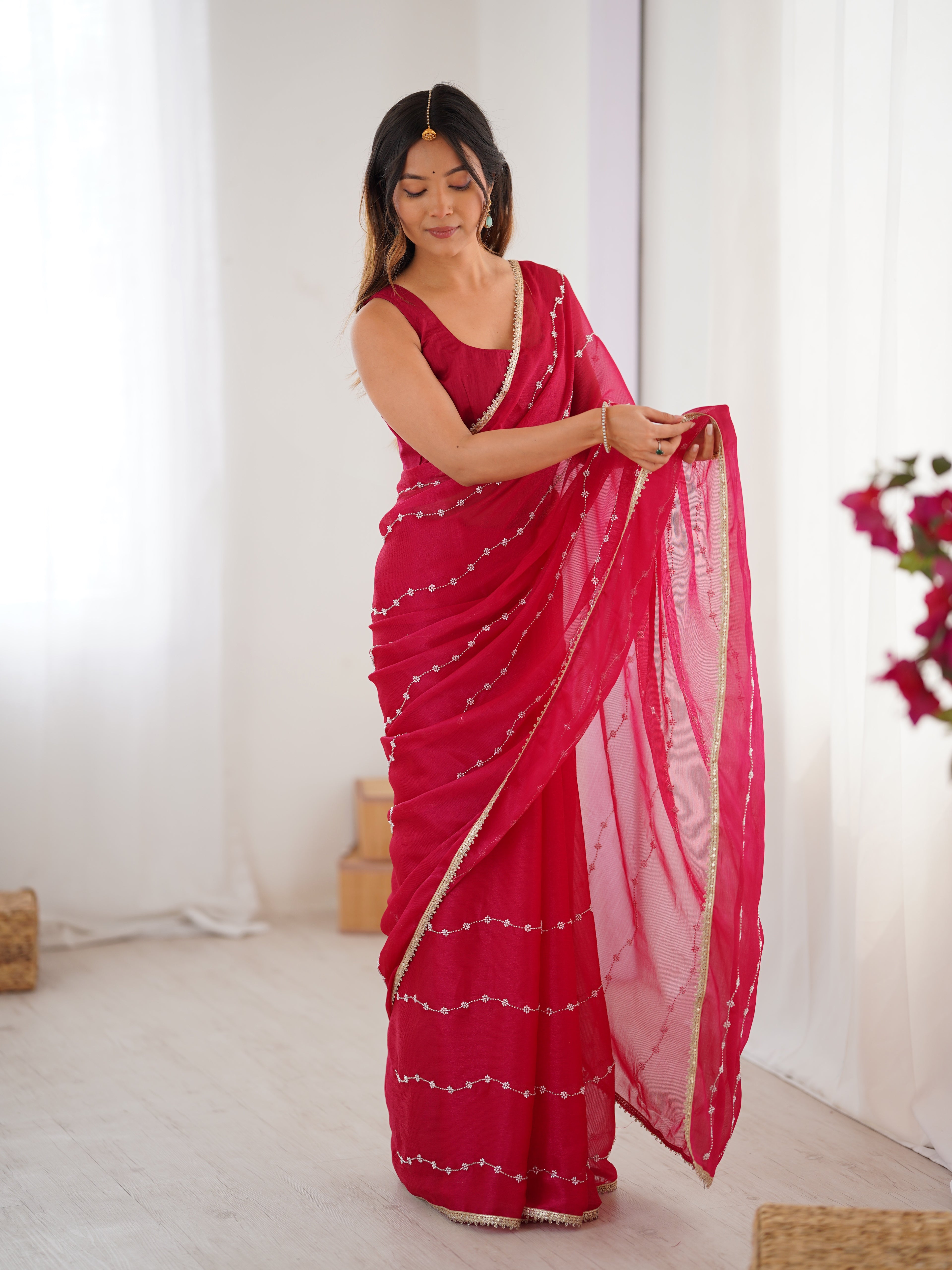 Rani Pink Heavy Smooth Sitara Saree with Sequin Embroidery