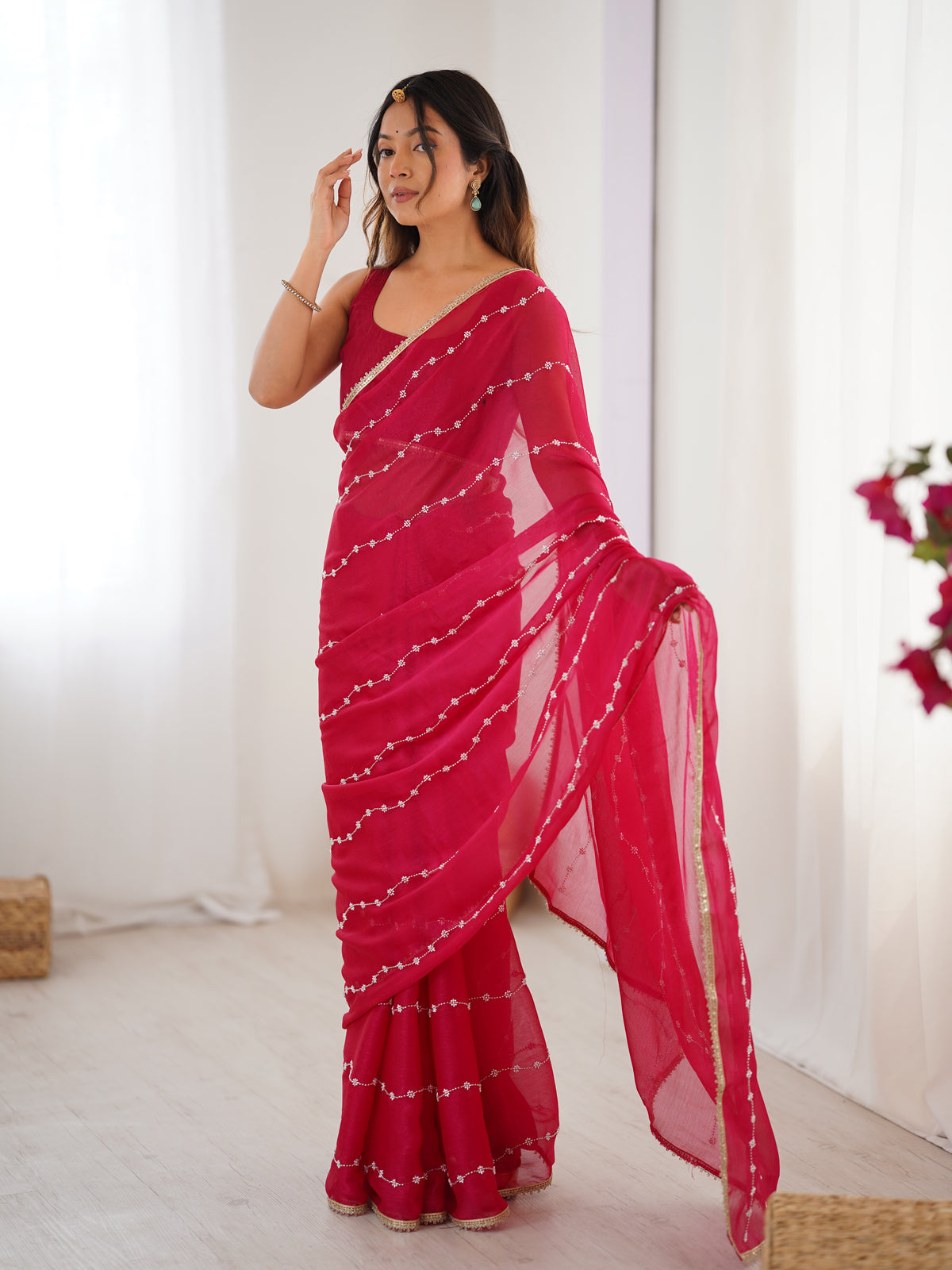 Rani Pink Heavy Smooth Sitara Saree with Sequin Embroidery for Women