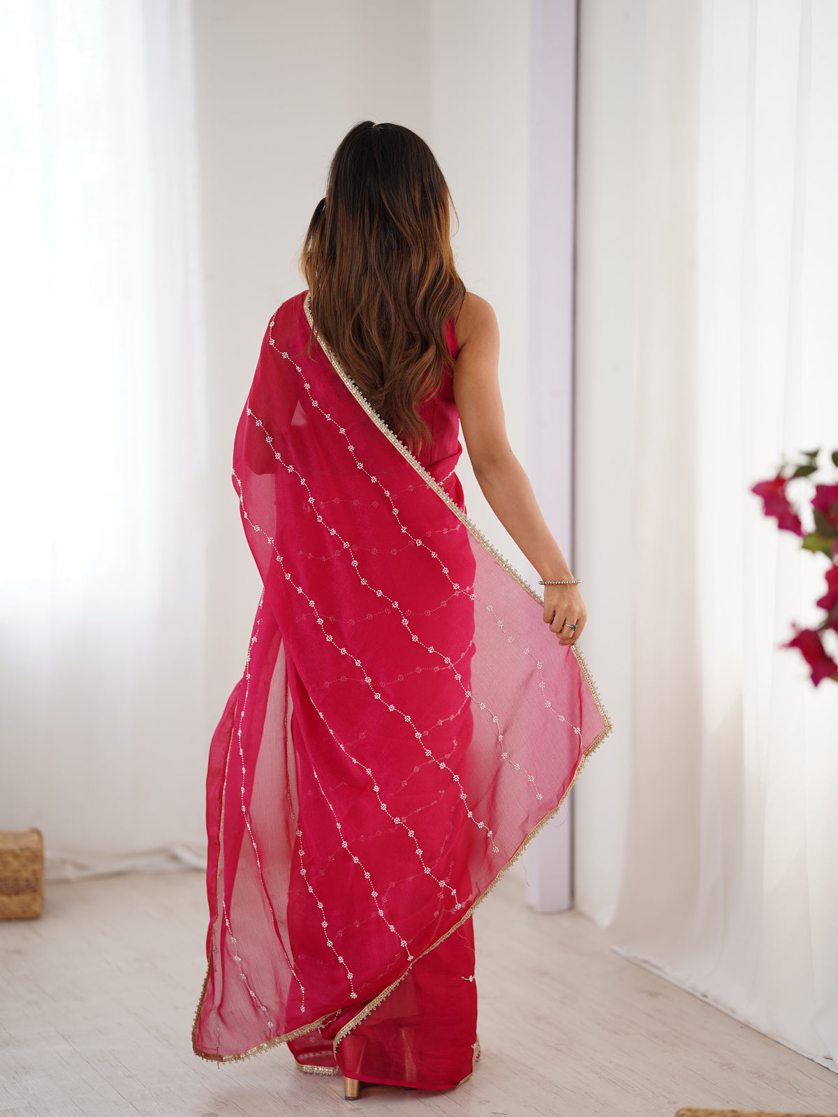 Rani Pink Heavy Smooth Sitara Saree with Sequin Embroidery for Women