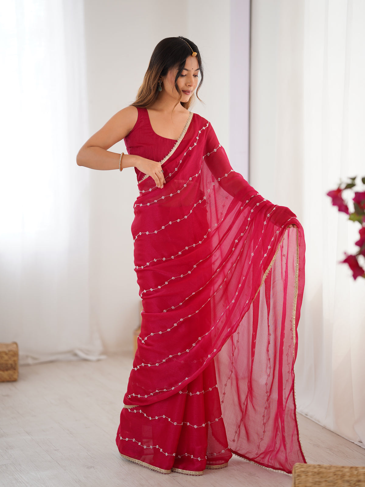 Rani Pink Heavy Smooth Sitara Saree with Sequin Embroidery for Women
