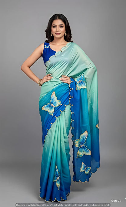 Rasmalai Butterfly Print Georgette Saree with Mirror Work for Women
