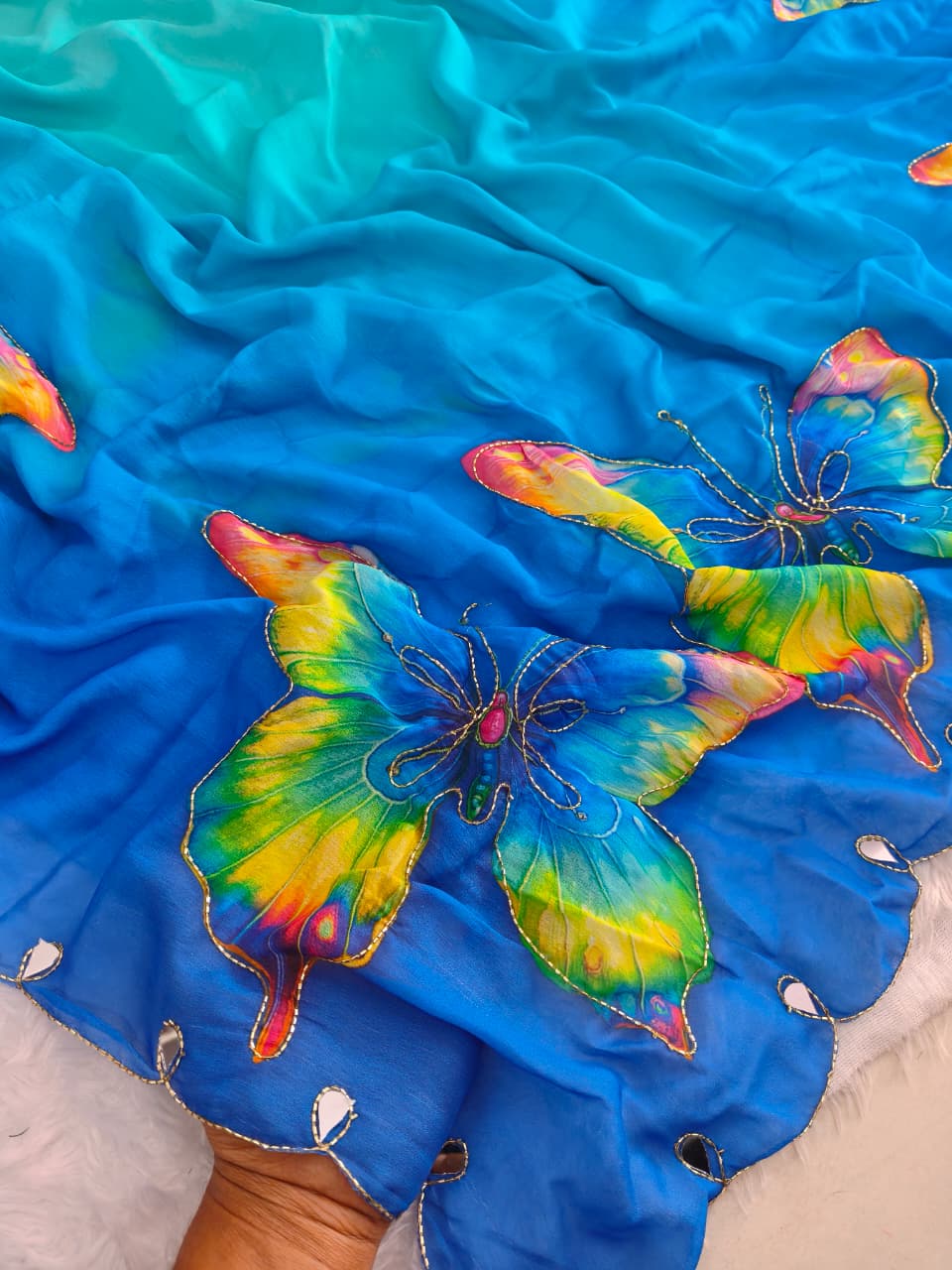 Rasmalai Butterfly Print Georgette Saree with Mirror Work for Women