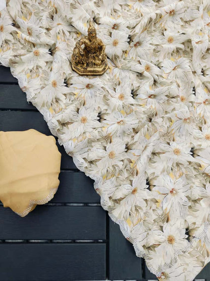 Cream Floral Georgette Saree with Scalloped Border for Women