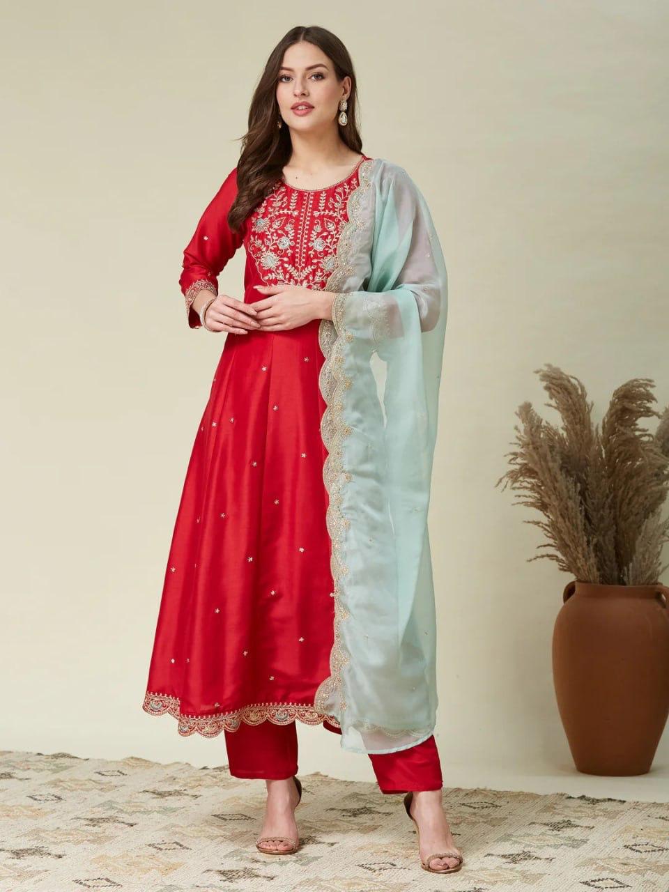 Red Silk Anarkali Kurti Set with Embroidered Dupatta