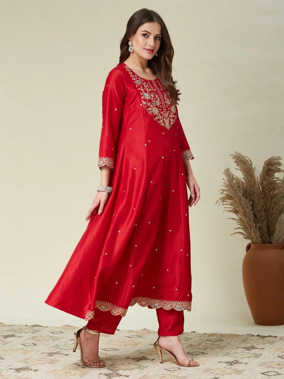 Red Silk Anarkali Kurti Set with Embroidered Dupatta for Women