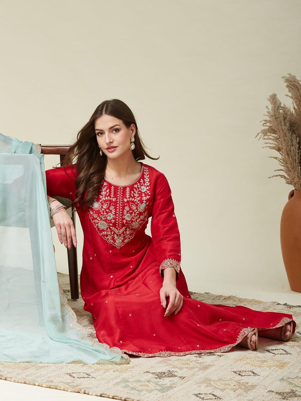 Red Silk Anarkali Kurti Set with Embroidered Dupatta for Women