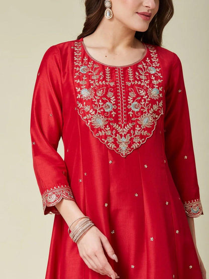 Red Silk Anarkali Kurti Set with Embroidered Dupatta for Women