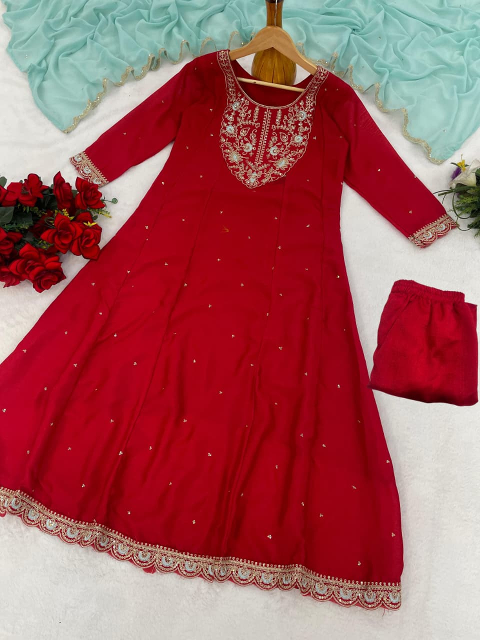 Red Silk Anarkali Kurti Set with Embroidered Dupatta for Women