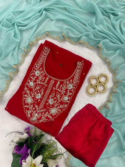 Red Silk Anarkali Kurti Set with Embroidered Dupatta for Women