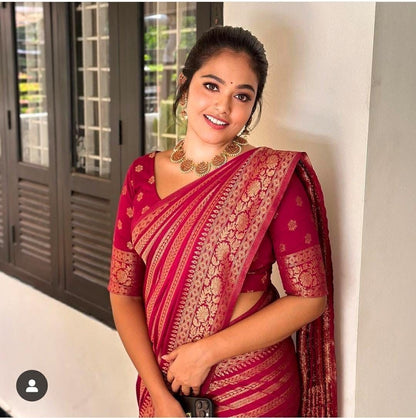 Red Banarasi Soft Silk Saree with Elegant Zari Work for Women