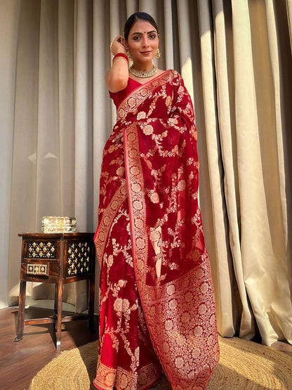 Red Banarasi Silk Saree With Gold Zari Floral Work for Women