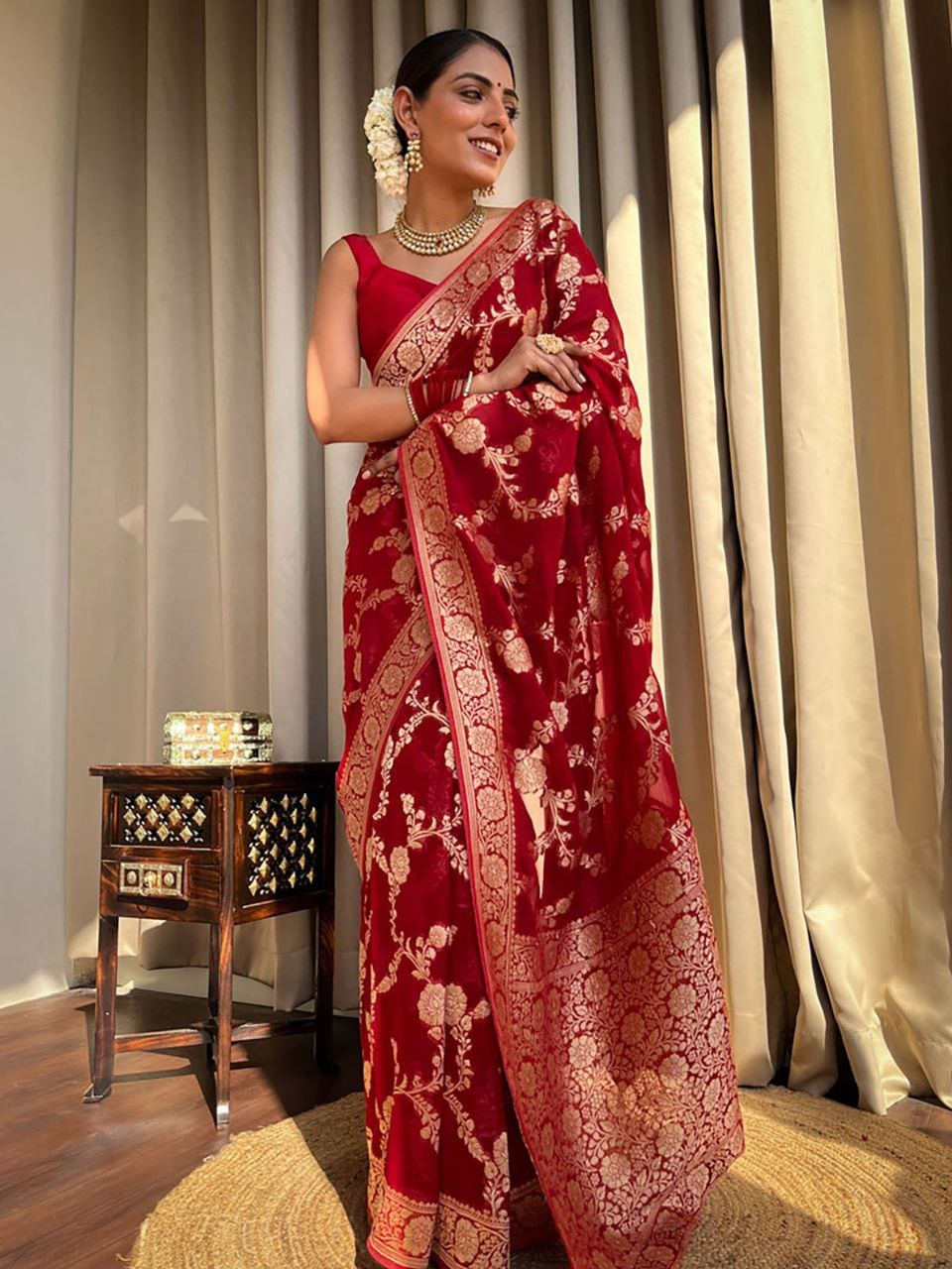 Red Banarasi Silk Saree With Gold Zari Floral Work for Women