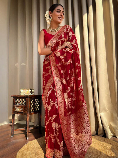 Red Banarasi Silk Saree With Gold Zari Floral Work for Women