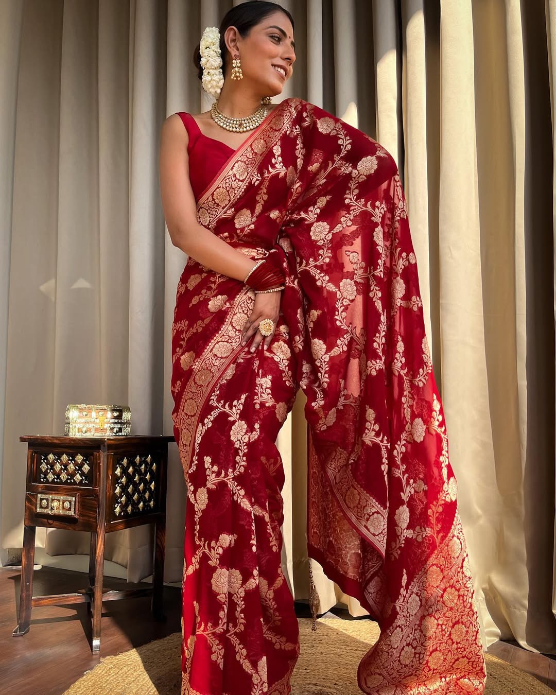 Red Banarasi Silk Saree With Gold Zari Floral Work for Women