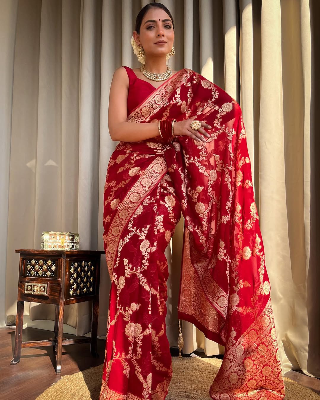 Red Banarasi Silk Saree With Gold Zari Floral Work for Women