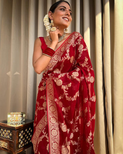 Red Banarasi Silk Saree With Gold Zari Floral Work for Women