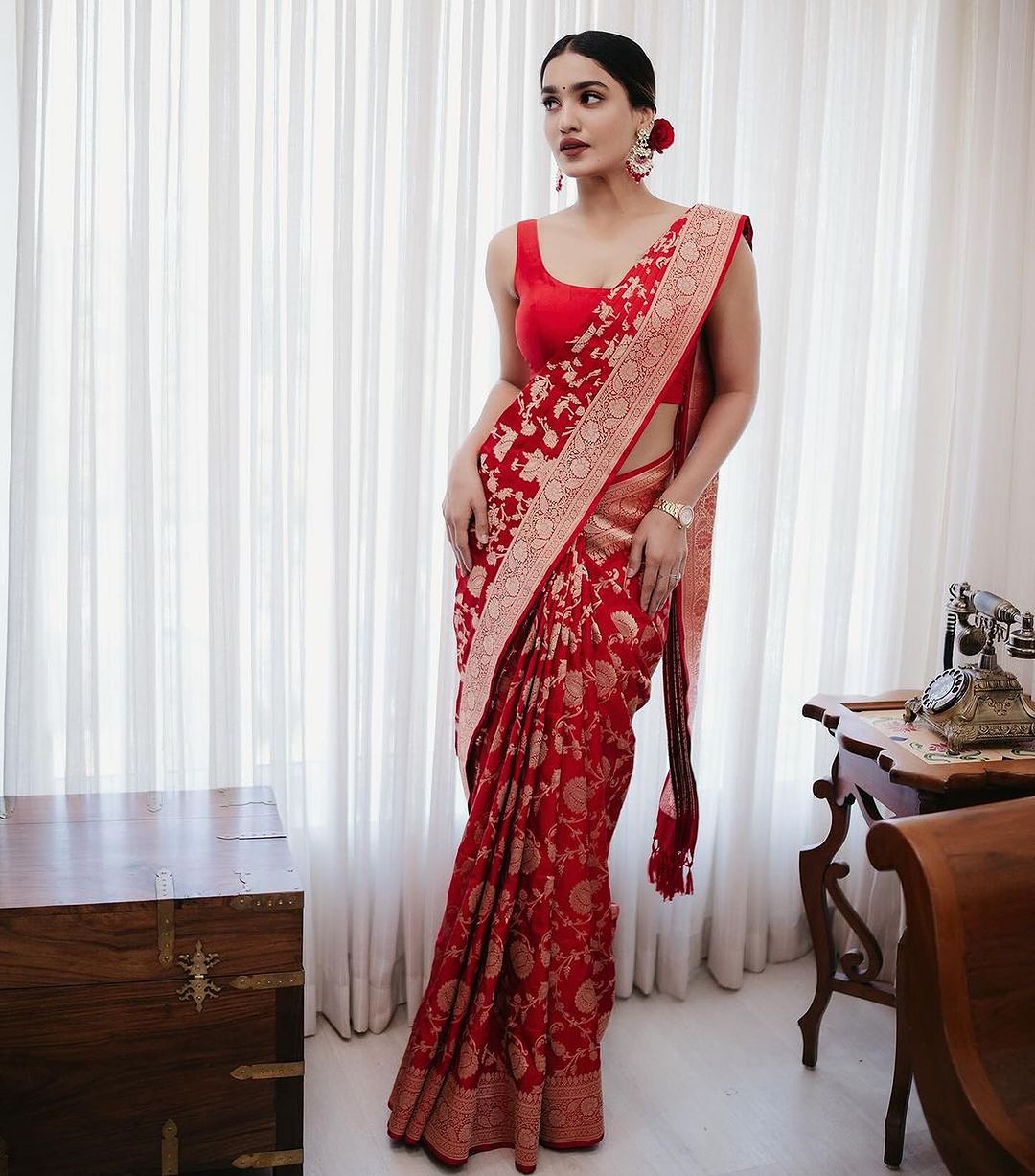 Red Banarasi Soft Silk Saree with Traditional Zari Work